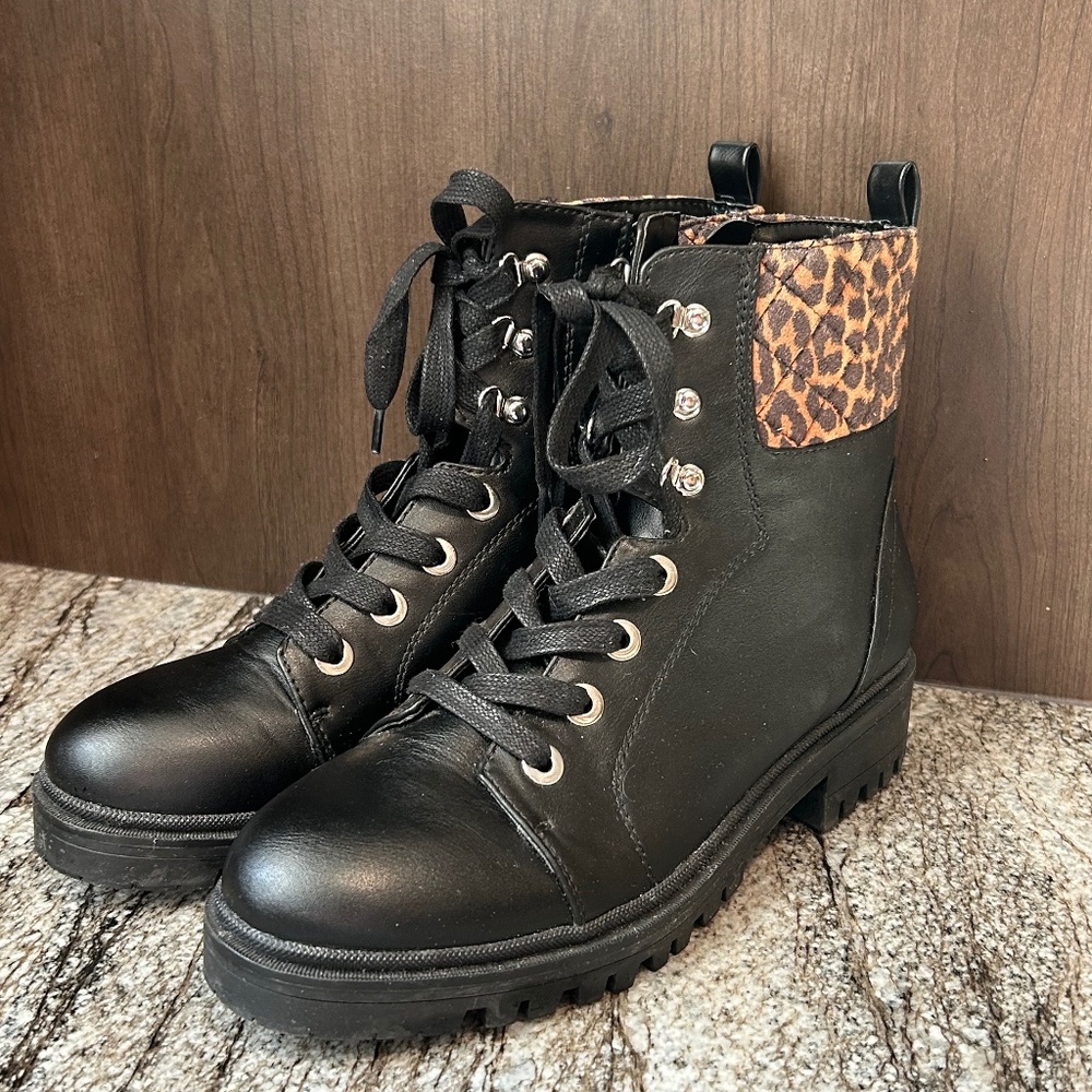 New Women's Nine West Wylie Black/Cheetah Combat Boots